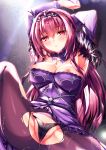  1girl armpits arms_up bangs black_legwear black_panties blush breasts cum cum_on_body cum_on_lower_body dress fate/grand_order fate_(series) fukase_ayaka fur_trim hair_between_eyes large_breasts long_hair looking_at_viewer nipples panties pantyhose purple_dress purple_hair red_eyes scathach_(fate)_(all) scathach_skadi_(fate/grand_order) sitting spraed_legs strapless strapless_dress tiara torn_clothes torn_legwear underwear 