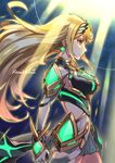  arm_at_side armor bangs blonde_hair breasts brown_eyes clenched_hand closed_mouth cowboy_shot dress elf faulds floating_hair from_side gem glowing_earrings headpiece highres hikari_(xenoblade_2) large_breasts light_rays long_hair looking_afar midriff pointy_ears profile serious short_dress shoulder_armor solo standing sunbeam sunlight tonami_kanji underbust very_long_hair white_dress wrist_guards xenoblade_(series) xenoblade_2 