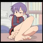  1girl barefoot feet female hairclip indoors legs original pov_feet purple_hair salpin smile soles solo toes twintails 