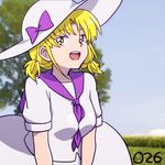  :d between_breasts blonde_hair blue_sky bow breasts day hair_intakes hat hat_bow looking_away looking_to_the_side low_twintails luize medium_breasts neckerchief number open_mouth outdoors purple_bow purple_neckwear purple_sailor_collar sailor_collar shikido_(khf) shirt short_hair short_sleeves skirt skirt_set sky smile solo teeth tongue touhou touhou_(pc-98) tree twintails upper_body white_hat white_shirt white_skirt yellow_eyes 