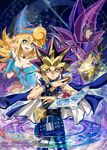  bare_shoulders blonde_hair blue_eyes breasts cleavage commentary_request dark_magician dark_magician_girl detached_sleeves duel_monster hat kaze-hime large_breasts long_hair multiple_boys smile yami_yuugi yuu-gi-ou yuu-gi-ou_duel_monsters 