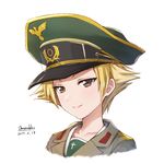  artist_name blonde_hair brown_eyes brown_jacket closed_mouth dated erwin_(girls_und_panzer) girls_und_panzer goggles goggles_on_headwear green_hat hat jacket looking_at_viewer military_hat military_jacket ooarai_school_uniform peaked_cap pointy_hair portrait school_uniform serafuku shamakho short_hair signature simple_background smile solo tsurime white_background 