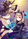  :d ass bangs bare_shoulders barefoot birdcage black_cape black_dress blonde_hair bow breasts brown_hair butt_crack cage cape commentary_request dress earrings ereshkigal_(fate/grand_order) eyebrows_visible_through_hair fate/grand_order fate_(series) fur-trimmed_cape fur_trim hair_bow infinity ishtar_(fate/grand_order) jewelry jh long_hair long_legs long_sleeves looking_at_viewer looking_to_the_side multicolored multicolored_cape multicolored_clothes multiple_girls no_panties open_mouth own_hands_together parted_bangs parted_lips purple_bow purple_cape red_eyes single_sleeve skull sleeves_past_wrists small_breasts smile tiara two_side_up very_long_hair 