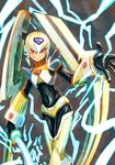  1girl android armor artist_request black_gloves blonde_hair bodysuit capcom covered_navel gloves holding holding_whip lightning looking_to_the_side navel oro_s red_eyes robot_girl rockman rockman_xover smile solo weapon whip 