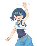  1girl arm_up armpits blue_hair blue_pants blue_sailor_collar blue_swimsuit blush capri_pants child collarbone crop_top edisonabismo eyebrows_visible_through_hair eyes_closed female hair_ornament hairband happy one-piece_swimsuit open_mouth pants pokemon pokemon_(game) pokemon_sm sailor_collar shirt short_hair simple_background sleeveless sleeveless_shirt smile solo suiren_(pokemon) swimsuit swimsuit_under_clothes waving white_background white_shirt 