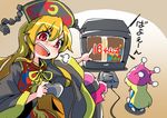  absurdres black_hat blonde_hair blush breath clownpiece commentary_request controller game_console game_controller hat hecatia_lapislazuli highres holding jester_cap junko_(touhou) long_hair long_sleeves looking_at_viewer multiple_girls open_mouth pointing polos_crown puyopuyo red_eyes red_hair ribbon sega_saturn shinapuu tabard television touhou wide_sleeves yellow_ribbon 