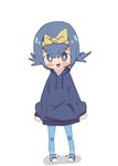  1girl alternate_costume blue_eyes blue_footwear blue_hair blue_hoodie blue_legwear blush bow child edisonabismo eyebrows_visible_through_hair female full_body hair_ornament hairband happy hoodie leggings long_sleeves looking_at_viewer matching_hair/eyes open_mouth pokemon pokemon_(game) pokemon_sm shoes short_hair simple_background smile solo standing suiren_(pokemon) white_background yellow_bow 