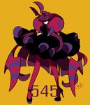  1girl antennae black_dress breasts dress female full_body hair_over_one_eye high_heels karabako large_breasts long_hair pantyhose personification pokemon pokemon_bw purple_eyes purple_footwear purple_hair red_legwear scolipede shoes signature simple_background solo standing text twintails yellow_background yellow_sclera 