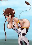  1girl aile animal_tail arm_gloves bangs bare_shoulders bent_over blush breasts brown_hair capcom cleavage cow_girl cow_print cow_print_bikini eyebrows_visible_through_hair glass_bottle gloves green_eyes hair_between_eyes holding holding_bottle horns jar knees_together large_breasts legwear long_hair rockman rockman_zx rockman_zx_advent sideboob signature sky smile solo solo_focus text thighhighs tongue_out tumother 