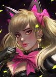  alternate_costume animal_ears black_cat_d.va black_dress black_gloves blonde_hair bow bowtie breasts brown_eyes cat_ears cleavage clenched_hand commentary confetti d.va_(overwatch) dress earrings eyeliner eyeshadow frilled_dress frills glint gloves gradient gradient_background hair_bow heart heart_earrings highres jewelry lips lipstick lolita_fashion looking_at_viewer makeup medium_breasts medium_hair nose overwatch parted_lips pink_bow pink_lips pink_lipstick puffy_short_sleeves puffy_sleeves purple_background short_sleeves soffa solo twintails upper_body 