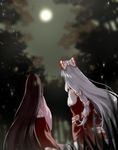  absurdly_long_hair black_hair bow commentary_request from_behind from_below fujiwara_no_mokou full_moon grass hair_bow highres houraisan_kaguya japanese_clothes long_hair long_sleeves looking_up moon multiple_girls ofuda pants red_pants satomachi touhou tree very_long_hair white_hair wide_sleeves 