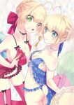  absurdres ahoge aqua_eyes artoria_pendragon_(all) ass babydoll blonde_hair blue_legwear blue_panties blue_ribbon breasts cleavage collarbone cream cream_on_face eyebrows_visible_through_hair fate/extra fate/stay_night fate_(series) food food_on_face frilled_panties frills green_eyes hair_between_eyes hair_ribbon highres holding large_breasts lingerie multiple_girls negligee nero_claudius_(fate) nero_claudius_(fate)_(all) open_mouth panties red_legwear red_panties red_ribbon ribbon roku_(ntbr_fate) saber sidelocks small_breasts strap_slip thighhighs tied_hair underwear underwear_only 
