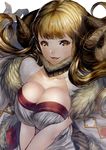  :d anila_(granblue_fantasy) bangs blonde_hair blunt_bangs breast_squeeze breasts bright_pupils commentary_request curled_horns dress granblue_fantasy highres horns large_breasts long_hair looking_at_viewer open_mouth orange_eyes shimashima_(simasima_23) short_eyebrows smile solo thick_eyebrows upper_body v_arms white_dress 