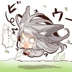  1girl absurdly_long_hair afterimage animal_ears bare_arms barefoot blush chibi flailing flying fox_ears fox_girl fox_tail long_hair nose_blush o_o open_mouth original outdoors pink_skirt pleated_skirt shirt silver_hair skirt sleeveless sleeveless_shirt solo tail teardrop translation_request very_long_hair white_background white_shirt window yuuji_(yukimimi) 