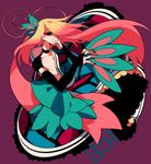  1boy black_eyes blonde_hair chin_rest choker collarbone gradient_hair hair_over_one_eye half-closed_eyes hand_up karabako long_hair looking_at_viewer male_focus milotic multicolored_hair nail_polish personification pink_hair pink_sclera pokemon pokemon_rse purple_background simple_background smile solo text very_long_hair 