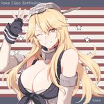  armlet bangs bare_shoulders blonde_hair breasts cleavage commentary_request elbow_gloves gloves headgear iowa_(kantai_collection) kantai_collection large_breasts long_hair looking_at_viewer manaka_(gunjooou) one_eye_closed parted_bangs smile solo symbol-shaped_pupils upper_body white_gloves 