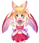  :d animal_ear_fluff animal_ears arms_up bangs bare_shoulders bell blonde_hair blue_eyes blush bow collarbone commentary_request cowboy_shot detached_sleeves eyebrows_visible_through_hair fang fingernails fox_ears highres jingle_bell kemomimi_oukoku_kokuei_housou long_hair long_sleeves looking_at_viewer mikoko_(kemomimi_oukoku_kokuei_housou) mimikaki_(men_bow) navel open_mouth pleated_skirt red_bow red_skirt sidelocks simple_background skirt smile solo twintails virtual_youtuber white_background wide_sleeves 