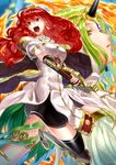  armlet armored_boots black_legwear boots breasts cape celica_(fire_emblem) detached_collar dress earrings fire fire_emblem fire_emblem_echoes:_mou_hitori_no_eiyuuou futabaaf green_hair hairband highres horn jewelry long_hair medium_breasts mila_(fire_emblem) miniskirt multiple_girls open_mouth pelvic_curtain projected_inset rapier red_eyes red_hair skirt sword thighhighs weapon white_dress yellow_eyes zettai_ryouiki 