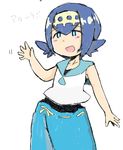  1girl absurdres artist_request blue_eyes blue_hair blue_pants blue_sailor_collar blush capri_pants child collarbone eyebrows_visible_through_hair female flat_chest hair_ornament hairband half-closed_eyes hand_up highres matching_hair/eyes open_mouth pants pokemon pokemon_(game) pokemon_sm sailor_collar shirt short_hair simple_background sketch sleeveless sleeveless_shirt smile solo standing suiren_(pokemon) text translation_request waving white_background white_shirt 