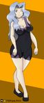  artist_name bare_arms bare_shoulders black_footwear breasts cameltoe cleavage closed_mouth collarbone covered_navel crossed_legs curvy elite_four fer14_pkn full_body highres karin_(pokemon) large_breasts long_hair looking_at_viewer one_eye_closed pokemon pokemon_(game) pokemon_gsc self_upload shoes silver_eyes silver_hair simple_background skin_tight smile watson_cross wavy_hair wide_hips yellow_background 
