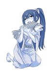  alternate_hairstyle barefoot bath_yukata blue fairy_tail fish holding_fish japanese_clothes kimono kneeling long_hair looking_at_viewer mashima_hiro monochrome open_mouth ponytail simple_background smile solo wendy_marvell white_background yukata 