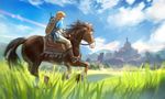  achyue all_male animal blonde_hair boots building clouds gloves grass horse link_(zelda) long_hair male pointed_ears ponytail scenic sky sword the_legend_of_zelda weapon 