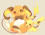  :d :o blush brown_eyes gen_1_pokemon grey_background hideko_(l33l3b) highres looking_at_viewer no_humans open_mouth own_hands_together pikachu pokemon pokemon_(creature) raichu simple_background sitting smile 