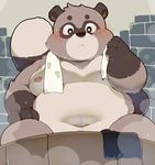  2018 anthro belly blush canine deep_navel hi_res male mammal moobs navel nipples overweight overweight_male tanuki towel 犬酱 