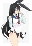  adapted_costume adjusting_eyewear animal_ears black_hair blue_eyes blue_sailor_collar bunny_ears bunny_tail bunnysuit clipboard cowboy_shot fake_animal_ears glasses green_eyes hairband jpeg_artifacts kantai_collection kugui_kiyunemu long_hair long_sleeves looking_at_viewer necktie ooyodo_(kantai_collection) red_neckwear sailor_collar sailor_shirt semi-rimless_eyewear shirt smile solo tail 