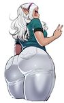  ass breasts butt_crack curvy dark_elf dark_skin denim elf elf-san_wa_yaserarenai. from_behind from_below hairband highres huge_ass jeans kuroeda-san long_hair looking_at_viewer looking_back looking_down medium_breasts mole mole_under_eye pants pointy_ears shirt silver_hair simple_background solo synecdoche t-shirt thick_thighs thighs v white_background wide_hips 