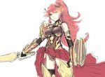  alternate_universe cat_with_a_brush check_commentary commentary_request green_eyes long_hair pyrrha_nikos red_hair rwby sash shield solo sword weapon 