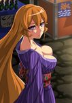  absurdres blush breasts brown_hair cleavage festival hair_between_eyes highres japanese_clothes kimono large_breasts long_hair looking_at_viewer moon_(xul4eji6bp4) nakiri_erina obi orange_hair purple_eyes sash shokugeki_no_souma striped vertical-striped_kimono vertical_stripes 