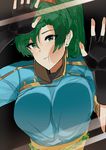  :t absurdres against_glass bangs black_background black_gloves breast_press breasts cheek_press closed_mouth earrings eyebrows_visible_through_hair fingerless_gloves fire_emblem fire_emblem:_rekka_no_ken fire_emblem_heroes gloves green_eyes green_hair highres jewelry large_breasts long_hair looking_at_viewer lyndis_(fire_emblem) ormille ponytail simple_background solo stud_earrings sweat unaligned_breasts upper_body 