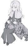  1girl avenger caren_hortensia closed_eyes commentary_request crossed_arms ear_cleaning ensm fate/hollow_ataraxia fate_(series) greyscale headband holding lap_pillow long_hair long_sleeves monochrome open_mouth shirtless short_hair sitting white_background 