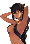  absurdres armpits arms_up backlighting black_hair braid breasts cleavage closed_mouth dark_skin eyebrows_visible_through_hair glint hair_between_eyes hair_flaps halterneck highres jahy jahy_sama_wa_kujikenai konbu_wakame looking_at_viewer medium_breasts navel o-ring o-ring_top official_art simple_background smile smirk solo white_background yellow_eyes 