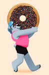  2017 3_toes anthro bear black_nose blue_hair clothed clothing digital_media_(artwork) doughnut eyes_closed food hair hi_res holding_food holding_object mammal polar_bear polartoons shirt shorts signature simple_background slightly_chubby small_tail solo tank_top toes walking yellow_background 