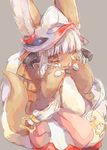  absurdres animal_ears blush cowboy_shot ears_through_headwear furry grey_background hands_on_own_face hands_up hat hideko_(l33l3b) highres horns looking_at_viewer made_in_abyss nanachi_(made_in_abyss) orange_eyes paws puffy_pants simple_background solo tail topless white_hair yellow_eyes 