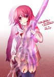  :d blood blood_on_face bloody_clothes chaos;child highres hood hoodie medium_hair nishijou_myu onoe_serika open_mouth red_eyes red_hair short_hair smile solo sword thighhighs weapon 