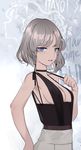  alternate_costume bare_arms bare_shoulders black_choker blue_eyes braid breasts character_name choker cleavage commentary_request cowboy_shot hand_on_hip heart hillly_(maiwetea) izayoi_sakuya looking_at_viewer medium_breasts parted_lips short_braid short_hair sideboob silver_hair solo standing touhou twin_braids 