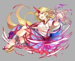  blonde_hair chain clenched_hand commentary_request cup eyebrows_visible_through_hair full_body geta grey_background holding horn hoshiguma_yuugi kutsuki_kai long_hair looking_at_viewer open_mouth red_eyes sakazuki shirt short_sleeves sidelocks simple_background skirt solo touhou very_long_hair 