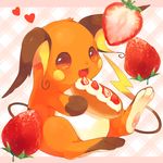  blush checkered checkered_background fang food fruit full_body gen_1_pokemon heart hideko_(l33l3b) holding holding_food looking_at_viewer no_humans open_mouth orange_eyes pink_background pokemon pokemon_(creature) raichu sitting smile solo strawberry 