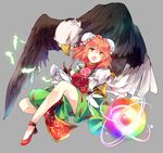  bandaged_arm bandages bangs bird bun_cover clenched_hand commentary_request double_bun eagle eyebrows_visible_through_hair feathers flower full_body green_skirt grey_background hair_between_eyes ibaraki_kasen kutsuki_kai leaf looking_at_viewer open_mouth orange_eyes orange_hair puffy_sleeves red_footwear shoes simple_background skirt tabard touhou 