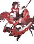  alternate_costume cloak commentary corset crescent_rose highres hood hooded_cloak red_hair ruby_rose rwby scythe silver_eyes solo thighhighs yuji_(fantasia) 