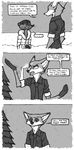  ... 2018 anthro canine clothing coat comic dialogue disney duke_weaselton english_text fox fur gloves_(marking) greyscale luraiokun male mammal markings monochrome mustelid necktie nick_wilde snow speech_bubble text tree weasel zootopia 