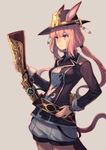  animal_ears antique_firearm bangs belt black_hat breasts bunny_ears closed_mouth cowboy_shot ears_through_headwear firearm gun hand_on_hip hat holding holding_gun holding_weapon long_hair long_sleeves looking_afar looking_away low_twintails medium_breasts original peroncho pink_eyes pink_hair puffy_shorts shorts sleeve_cuffs smile solo standing tail tareme twintails uniform weapon white_shorts wristband 