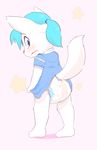  blue_eyes blue_hair blush canine clothing cub diaper embarrassed exposed female hair mammal ozzybear skirt solo wolf young 