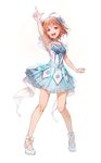  :d absurdres ahoge arm_up armpits bangs bare_legs blue_dress bow choker collarbone dress flower full_body hair_flower hair_ornament hairband highres hotechige layered_dress looking_at_viewer love_live! love_live!_sunshine!! no_socks open_mouth orange_hair pointing pointing_up red_eyes shoe_bow shoes short_hair simple_background sleeveless sleeveless_dress smile solo standing takami_chika tareme water_blue_new_world white_background white_bow white_choker white_footwear white_hairband 