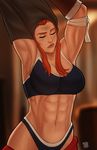  abs absurdres armpits arms_up breasts brigitte_(overwatch) cleavage closed_eyes highres large_breasts long_hair muscle muscular_female naavs overwatch panties parted_lips red_hair sidelocks solo sports_bra sweat underwear undressing 