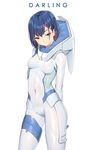  arms_behind_back blue_hair blush bodysuit breasts closed_mouth covered_navel cowboy_shot darling_in_the_franxx english eyebrows_visible_through_hair fangxiang_cuoluan green_eyes hair_ornament hairclip highres ichigo_(darling_in_the_franxx) looking_at_viewer pilot_suit shiny shiny_clothes shiny_hair short_hair simple_background skin_tight small_breasts solo standing v-shaped_eyebrows white_background white_bodysuit 