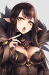  :o bangs between_breasts black_dress blush breasts bridal_gauntlets brown_hair cleavage dress fate/grand_order fate_(series) fur-trimmed_dress fur_trim grey_background hand_up head_tilt highres index_finger_raised jazztaki large_breasts long_hair open_mouth pointy_ears semiramis_(fate) simple_background solo straight_hair tsurime upper_body yellow_eyes 